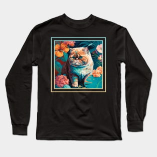 Persnickety Exotic Shorthair Cat Vibrant Tropical Flower Digital Oil Painting Pet Portrait Long Sleeve T-Shirt